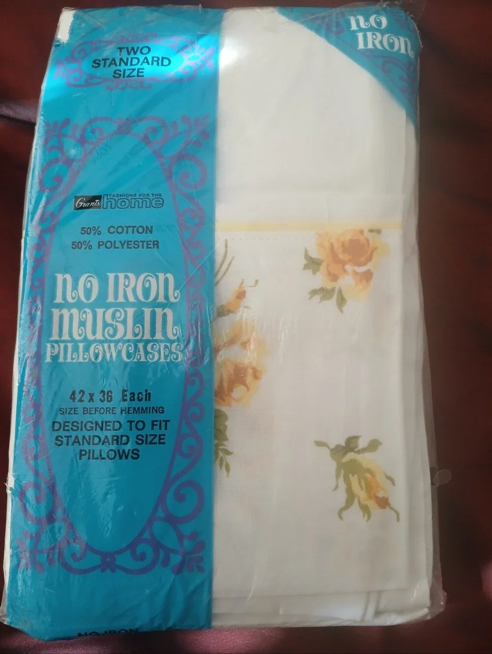 Vintage Grants Home No Iron Muslin Standard Pillowcases with Yellow Rose Print